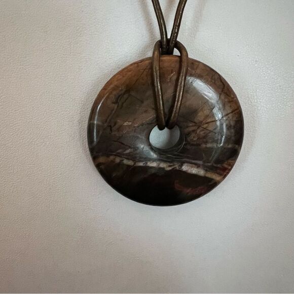 Semi Precious Stone Donut Pendant Necklace with Gold leather Cord - Picture 2 of 5